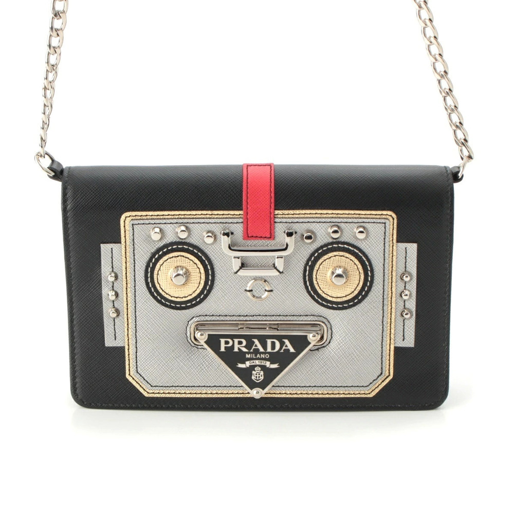 Prada Robot Leather Triangle Chain Shoulder Bag Black